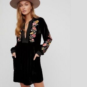 Free People Mia Black Velvet Embroidered Dress